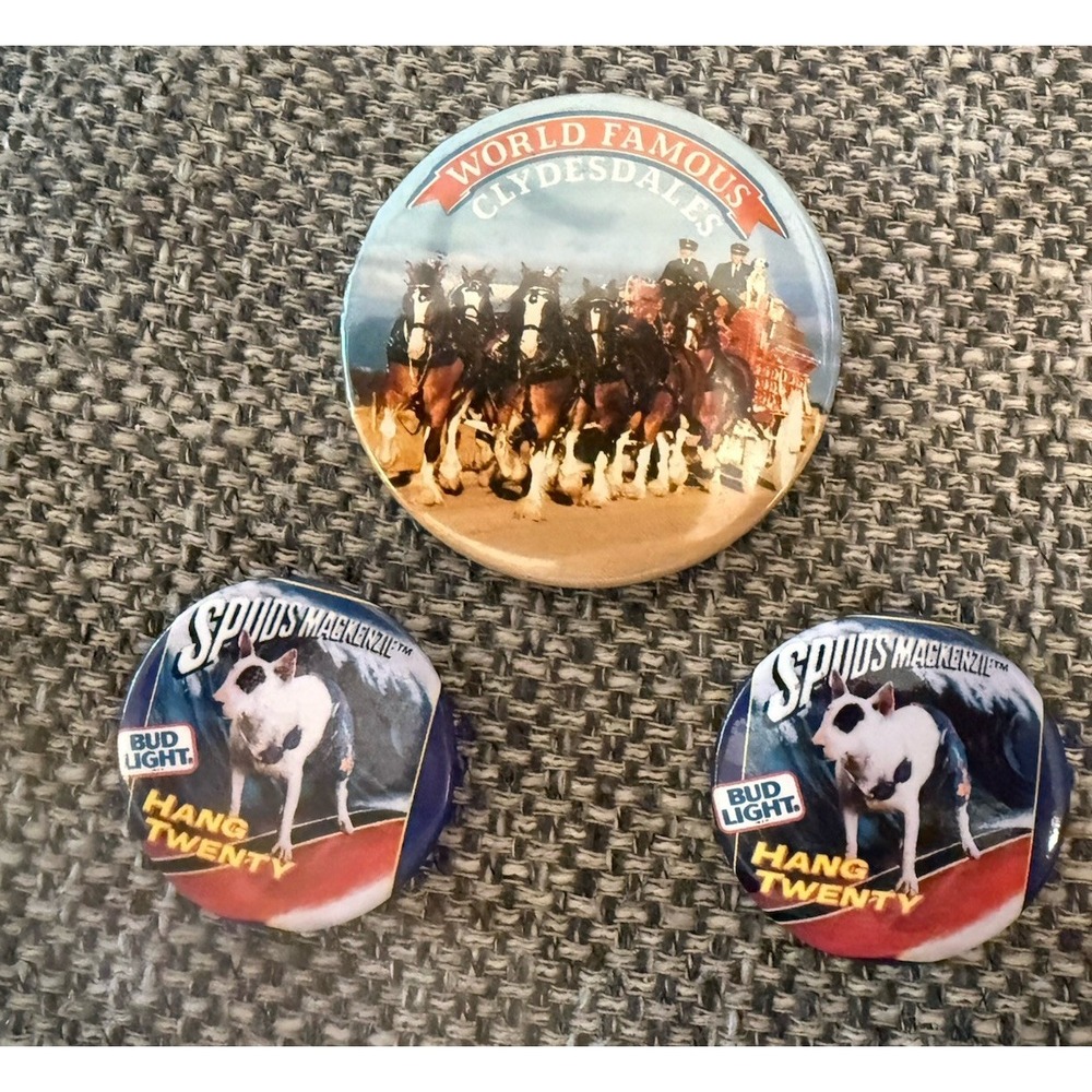 Vintage Budweiser Spuds Mackenzie Hang Ten x 2 & Clydesdale Pins Lot of 3